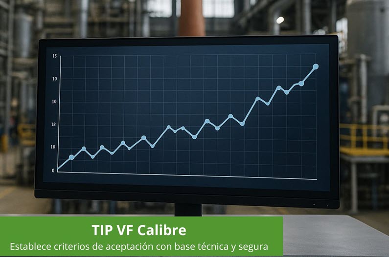 **Texto alternativo (alt) en español:** > Banner verde con el título **“TIP VF Calibre”** y el subtítulo **“Establece criterios de aceptación con base técnica y segura”**, sobre una fotografía de un monitor en un entorno industrial. En la pantalla se muestra un gráfico de líneas de tendencia ascendente, con valores marcados desde cero hasta alrededor de 15.